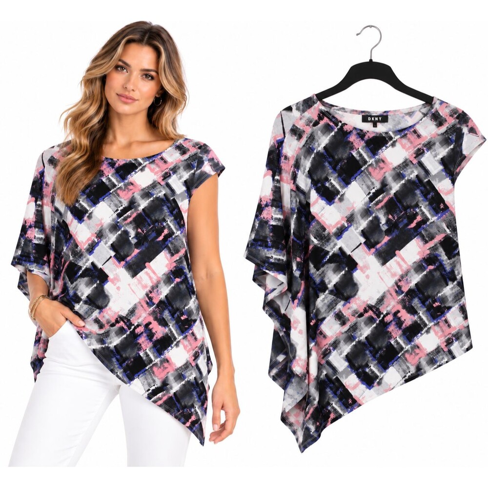 DKNY Draped Top Cap Sleeve Size S Abstract Print Asymmetrical  Pink Black White